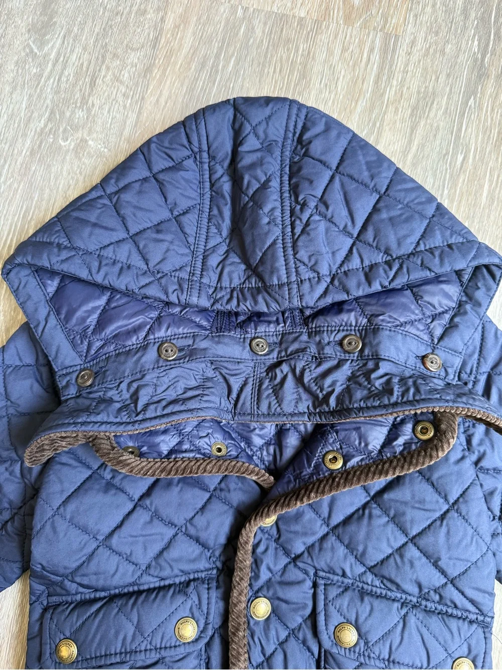 Ralph Lauren Navy Quilted Barn Coat With detachable hood Size 18 Months